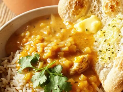 A warm bowl of creamy Chicken Tikka Masala soup with tender chicken pieces, served over rice with fresh cilantro.