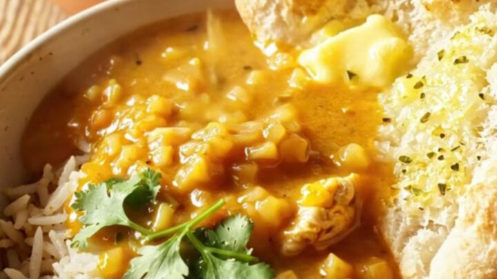 A warm bowl of creamy Chicken Tikka Masala soup with tender chicken pieces, served over rice with fresh cilantro.