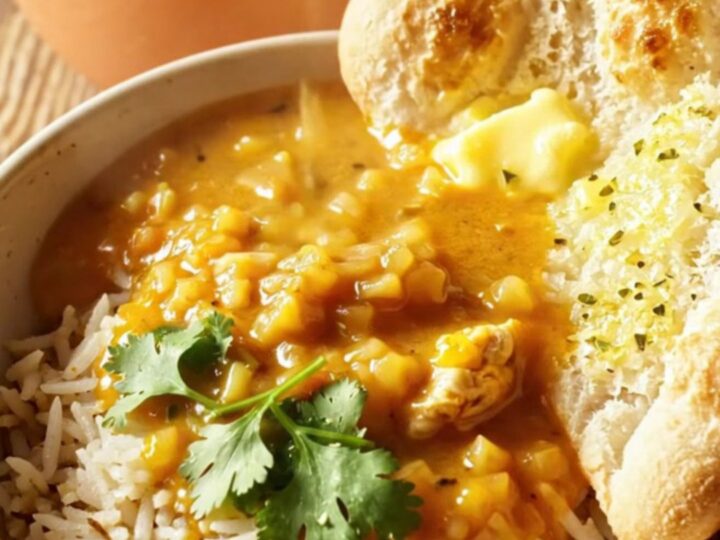 A warm bowl of creamy Chicken Tikka Masala soup with tender chicken pieces, served over rice with fresh cilantro.
