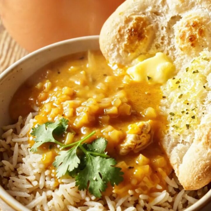 A warm bowl of creamy Chicken Tikka Masala soup with tender chicken pieces, served over rice with fresh cilantro.