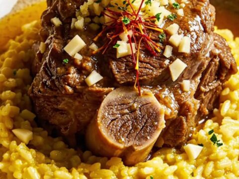 A close-up of a tender beef shank in a dark, rich tomato-based sauce inside a black ceramic slow cooker.