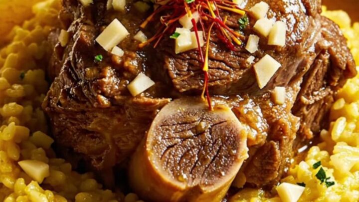 A close-up of a tender beef shank in a dark, rich tomato-based sauce inside a black ceramic slow cooker.
