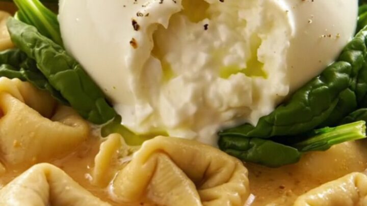 A close-up of a bowl of creamy tortellini soup topped with a whole, fresh, creamy burrata ball and green basil oil.