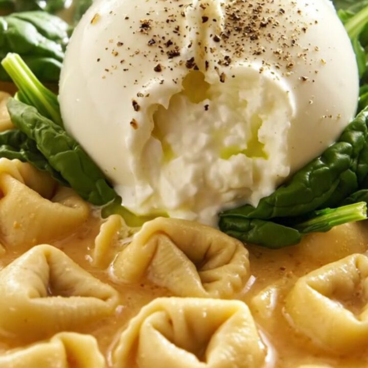 A close-up of a bowl of creamy tortellini soup topped with a whole, fresh, creamy burrata ball and green basil oil.