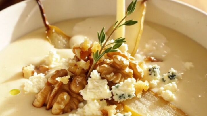 A warm porcelain bowl filled with silky, ivory parsnip and pear bisque, garnished with crumbled blue cheese and walnuts.