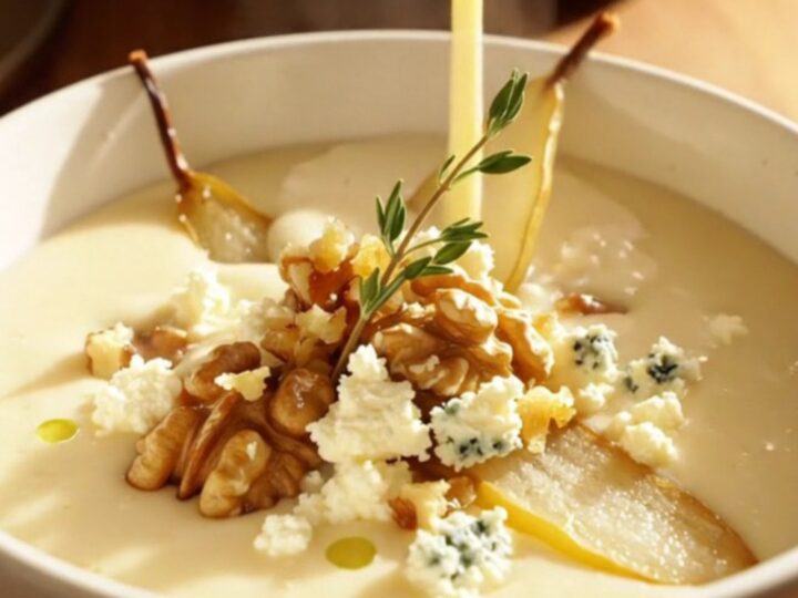 A warm porcelain bowl filled with silky, ivory parsnip and pear bisque, garnished with crumbled blue cheese and walnuts.