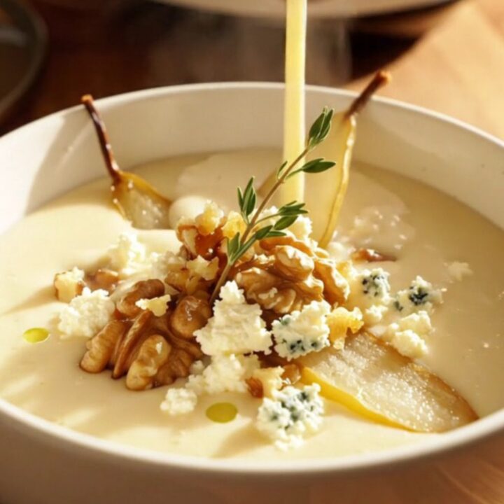 A warm porcelain bowl filled with silky, ivory parsnip and pear bisque, garnished with crumbled blue cheese and walnuts.