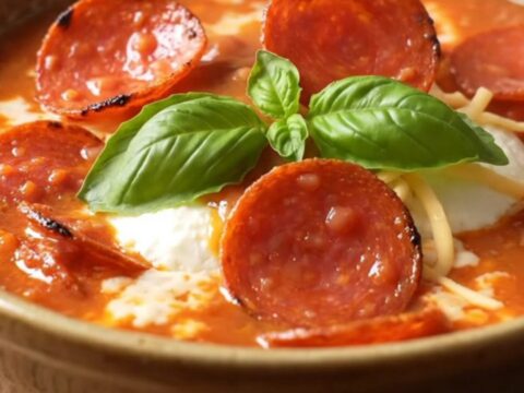 A close-up of a ladle lifting creamy tomato pizza soup with sausage and pepperoni from a red Crockpot.
