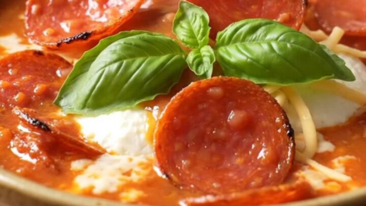 A close-up of a ladle lifting creamy tomato pizza soup with sausage and pepperoni from a red Crockpot.