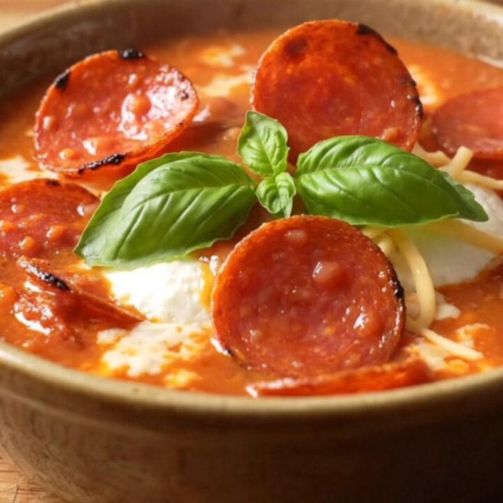 A close-up of a ladle lifting creamy tomato pizza soup with sausage and pepperoni from a red Crockpot.