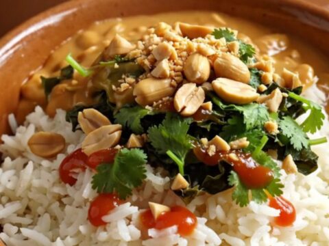 A close-up of a bronze ceramic slow cooker filled with creamy peanut and sweet potato chicken stew.