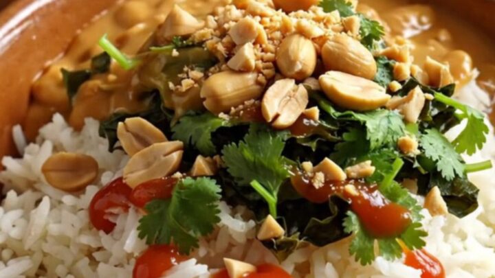 A close-up of a bronze ceramic slow cooker filled with creamy peanut and sweet potato chicken stew.