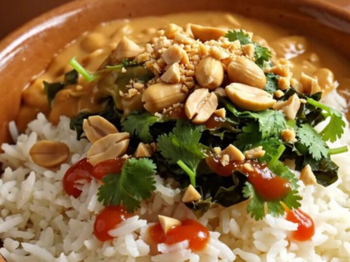 A close-up of a bronze ceramic slow cooker filled with creamy peanut and sweet potato chicken stew.