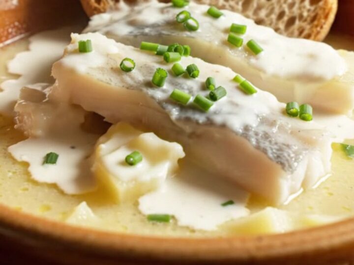 A warm stoneware bowl filled with creamy, ivory-gold smoked haddock chowder, topped with chives and served with crusty bread.
