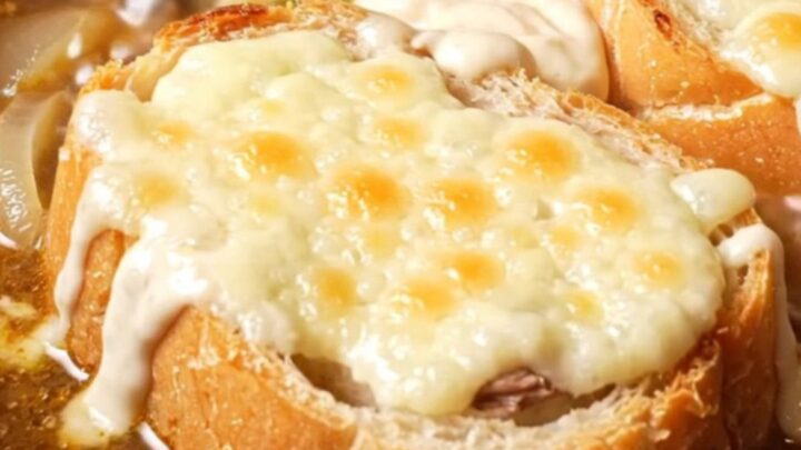A deep stoneware crock filled with rich French dip soup topped with a golden, bubbly Gruyere cheese baguette slice.