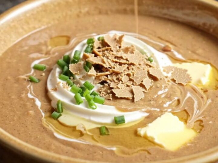 A warm, velvety chestnut and porcini bisque in a porcelain bowl, garnished with crème fraîche and crispy sage.