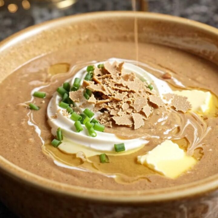A warm, velvety chestnut and porcini bisque in a porcelain bowl, garnished with crème fraîche and crispy sage.