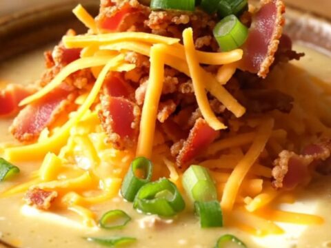 A close-up of a bowl of creamy crack chicken soup topped with crispy bacon, shredded cheddar, and sliced scallions.