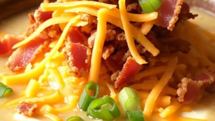 A close-up of a bowl of creamy crack chicken soup topped with crispy bacon, shredded cheddar, and sliced scallions.