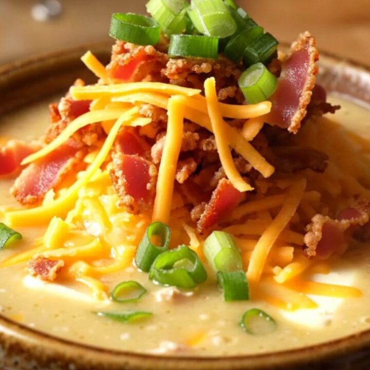 A close-up of a bowl of creamy crack chicken soup topped with crispy bacon, shredded cheddar, and sliced scallions.
