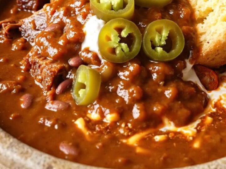 A rustic stoneware bowl filled with rich, mahogany-colored seven-bean chili topped with cilantro and sour cream.