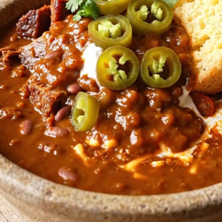 A rustic stoneware bowl filled with rich, mahogany-colored seven-bean chili topped with cilantro and sour cream.