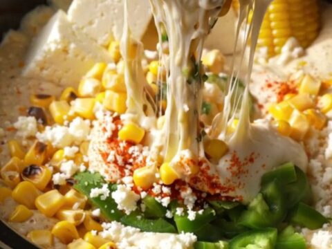 A close-up of a blue corn tortilla chip being dipped into a hot, bubbling crockpot filled with street corn queso dip.