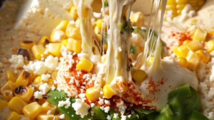 A close-up of a blue corn tortilla chip being dipped into a hot, bubbling crockpot filled with street corn queso dip.