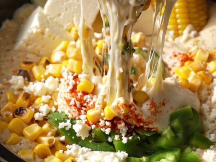 A close-up of a blue corn tortilla chip being dipped into a hot, bubbling crockpot filled with street corn queso dip.