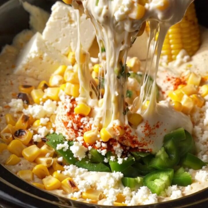 A close-up of a blue corn tortilla chip being dipped into a hot, bubbling crockpot filled with street corn queso dip.