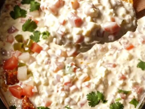 A creamy white chorizo queso dip in a black ceramic slow cooker, garnished with fresh cilantro and pico de gallo.