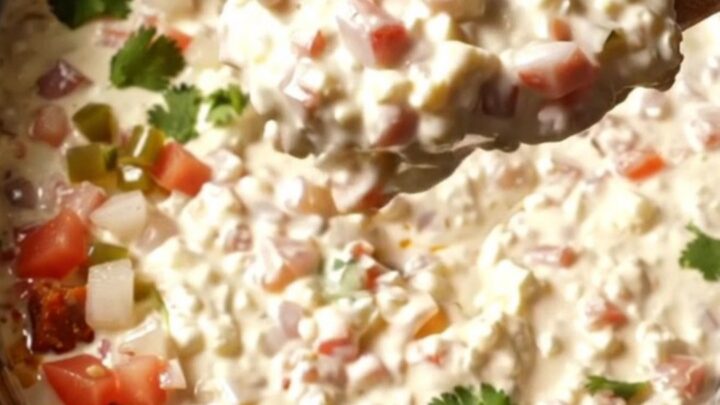A creamy white chorizo queso dip in a black ceramic slow cooker, garnished with fresh cilantro and pico de gallo.