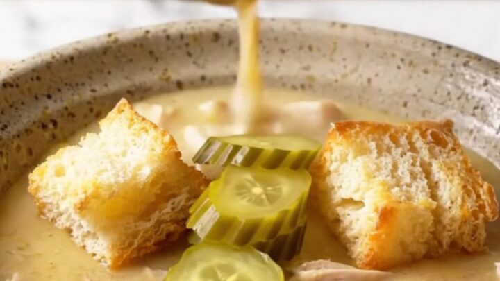 A bowl of creamy chicken chowder topped with brioche croutons and pickles.