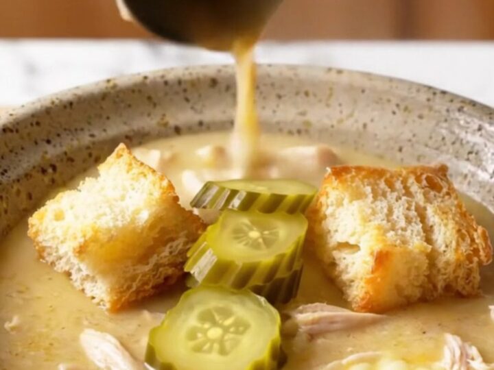A bowl of creamy chicken chowder topped with brioche croutons and pickles.
