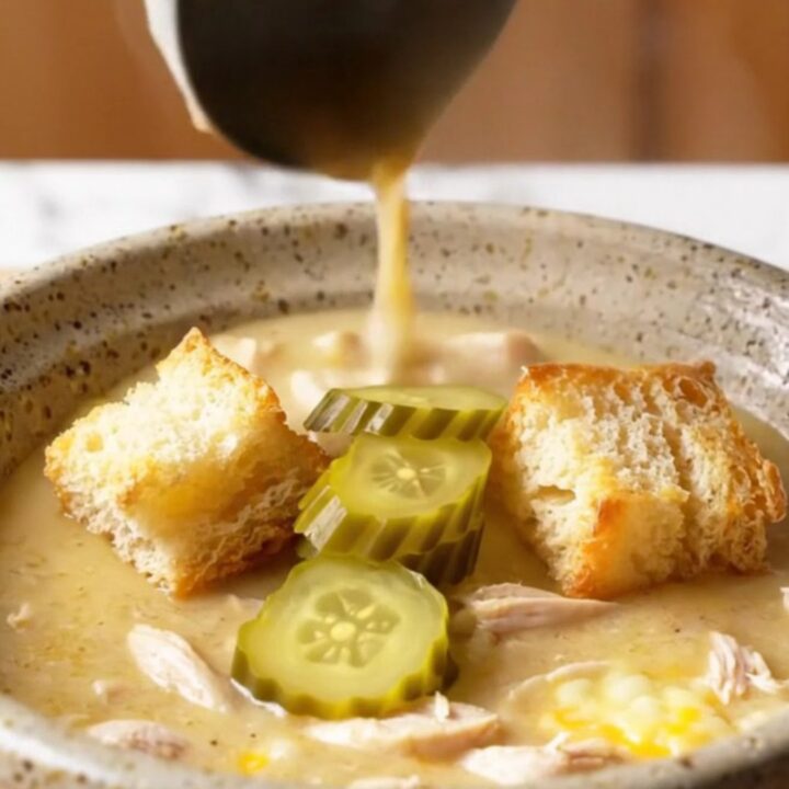 A bowl of creamy chicken chowder topped with brioche croutons and pickles.