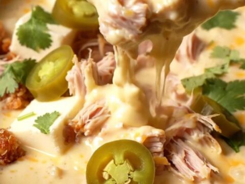 A close-up of a thick tortilla chip being dipped into a creamy, molten white cheddar queso filled with crispy carnitas.