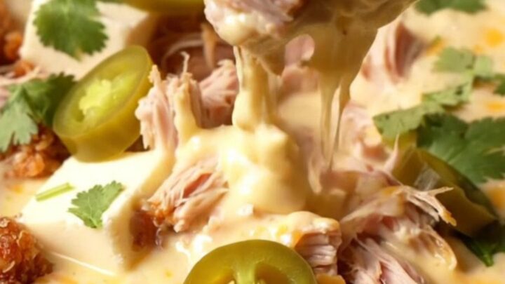 A close-up of a thick tortilla chip being dipped into a creamy, molten white cheddar queso filled with crispy carnitas.
