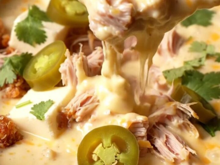A close-up of a thick tortilla chip being dipped into a creamy, molten white cheddar queso filled with crispy carnitas.