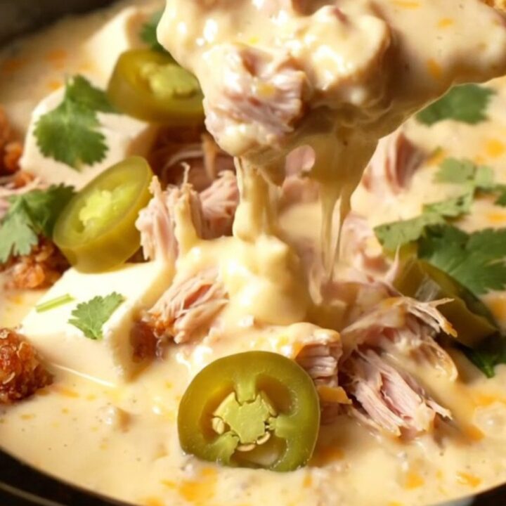 A close-up of a thick tortilla chip being dipped into a creamy, molten white cheddar queso filled with crispy carnitas.