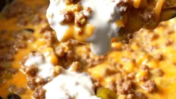 Extreme close-up of a tortilla chip being dipped into a bubbling