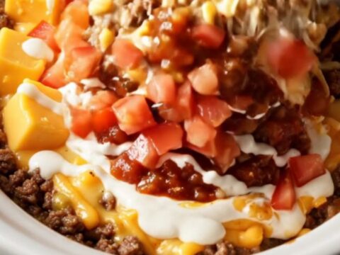 A close-up of a tortilla scoop plunging into a bubbling, creamy taco queso dip in a white Crockpot.