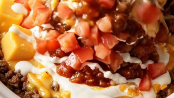 A close-up of a tortilla scoop plunging into a bubbling, creamy taco queso dip in a white Crockpot.