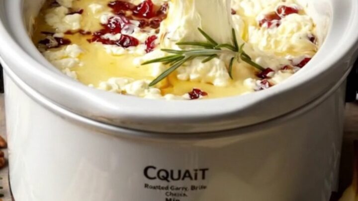 A close-up of a cracker dipping into a bubbling crockpot of melted brie with cranberries and pecans.