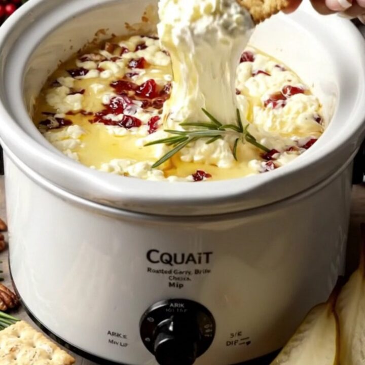 A close-up of a cracker dipping into a bubbling crockpot of melted brie with cranberries and pecans.