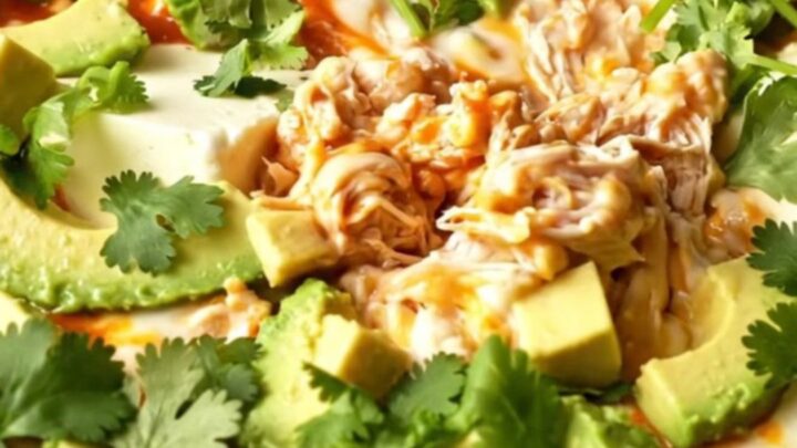 A close-up of a creamy chicken enchilada dip in a terracotta Crockpot with a dramatic cheese pull.