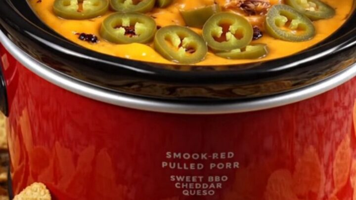 A close-up of a waffle-cut chip scooping up creamy BBQ pulled pork queso dip with a cheese pull.