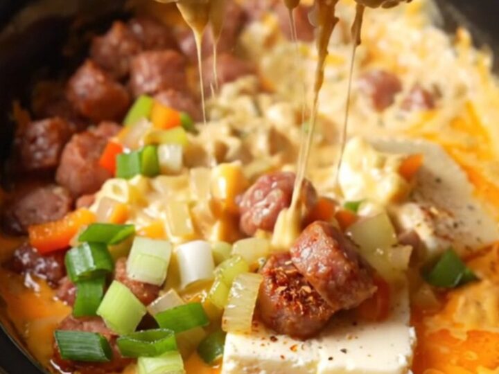 A close-up of a crusty baguette slice being dipped into a bubbling, creamy orange Cajun andouille queso dip.