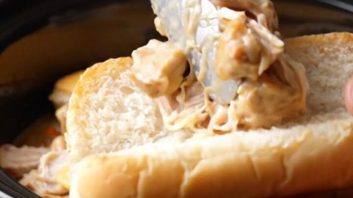 A close-up of creamy Philly cheesesteak chicken in a toasted hoagie roll with melted provolone cheese.