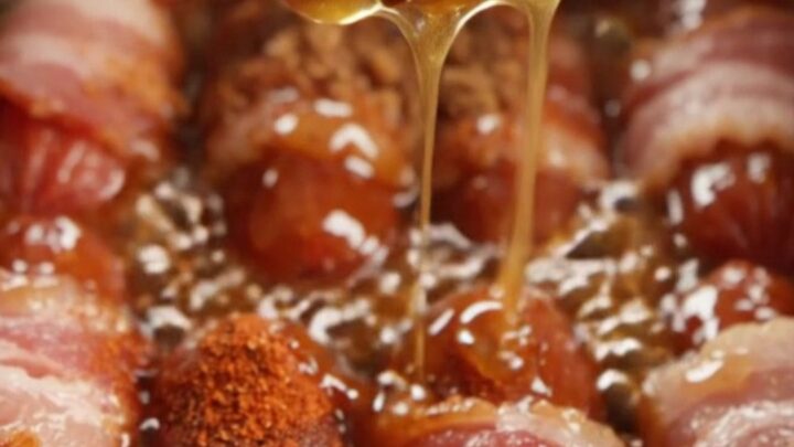 A deep crimson crockpot filled with sticky, candied bacon-wrapped cocktail sausages under warm lighting.