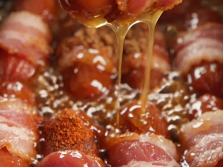 A deep crimson crockpot filled with sticky, candied bacon-wrapped cocktail sausages under warm lighting.